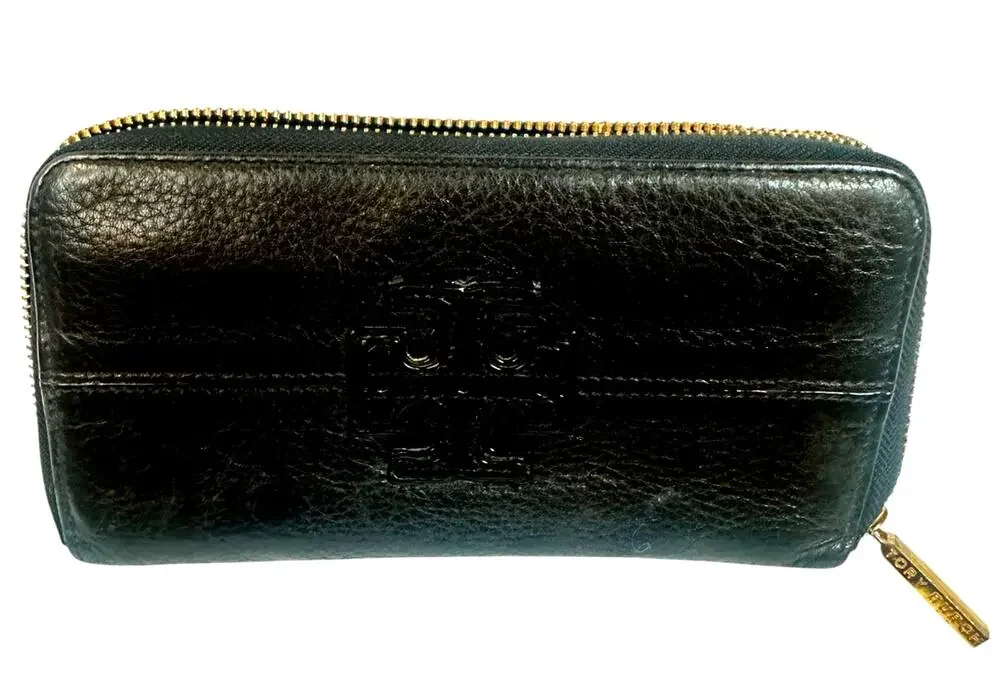 Tory Burch Black Leather Zip Around Wallet with gold tone hardware